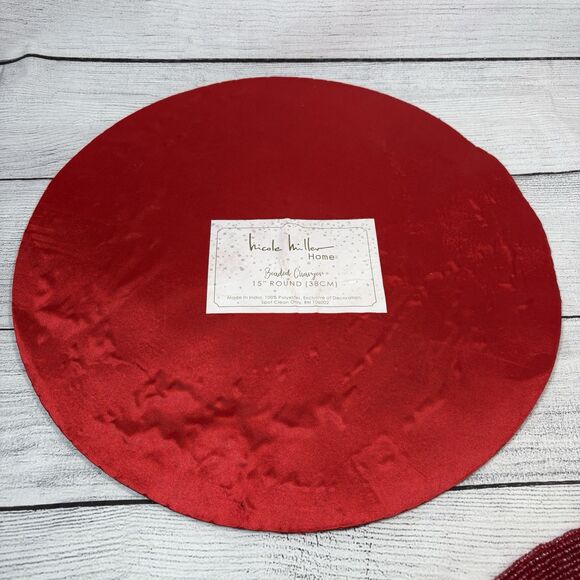NICOLE MILLER POINSETTIA Beaded Placemat 15” Round CHARGER Set 2 Red Christmas - Picture 3 of 4